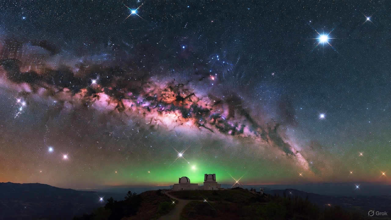 Milky Way stretching over observatory domes on Earth.